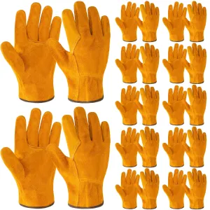 12 Pairs Leather Work Gloves Flexible Grip Gardening Gloves Thorn Proof Cut Resistant Cowhide Construction Gloves Men Women (Gold)