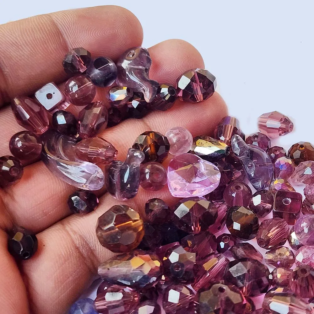 50Grams Pkg. Crystal Mix Shapes Glass beads for jewelry making Crystal Shade of Purple, Various Shapes, size about 6~12mm