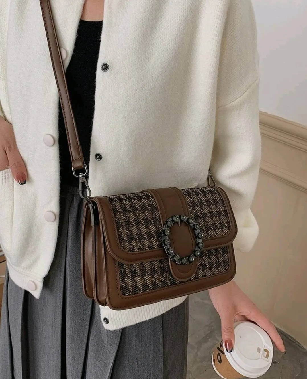 Bag - Shoulder - metal decor houndstooth saddle