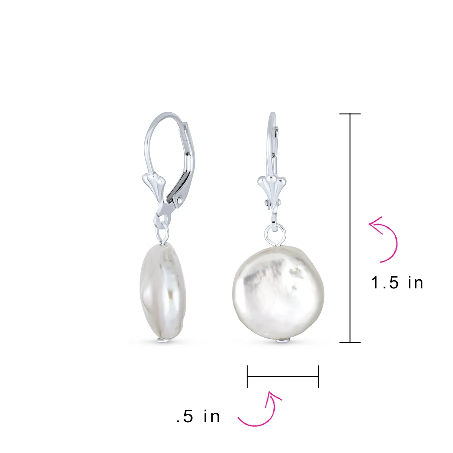 Baroque Coin Shaped Bridal Pearl Dangle Earrings Sterling Silver Lever Back