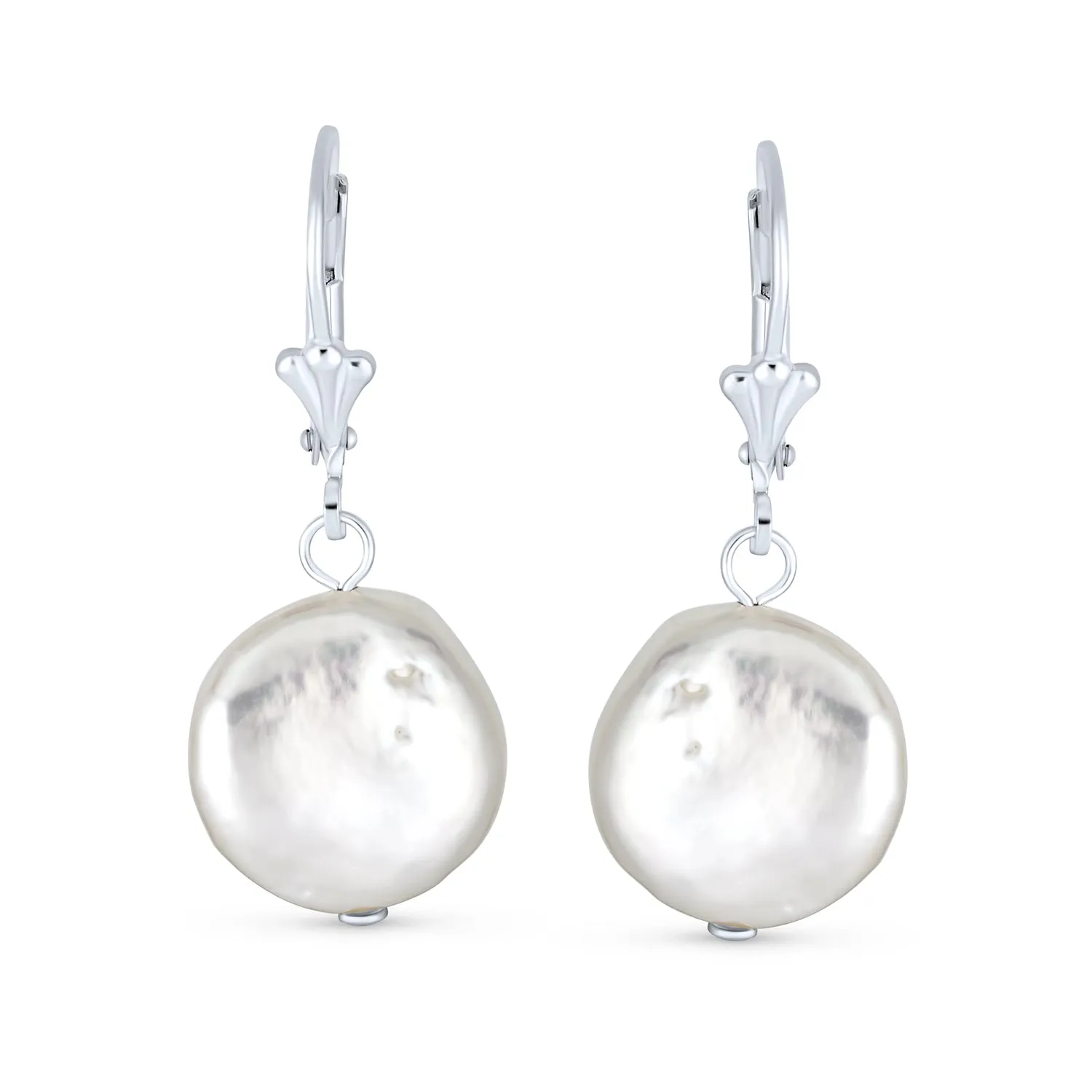 Baroque Coin Shaped Bridal Pearl Dangle Earrings Sterling Silver Lever Back