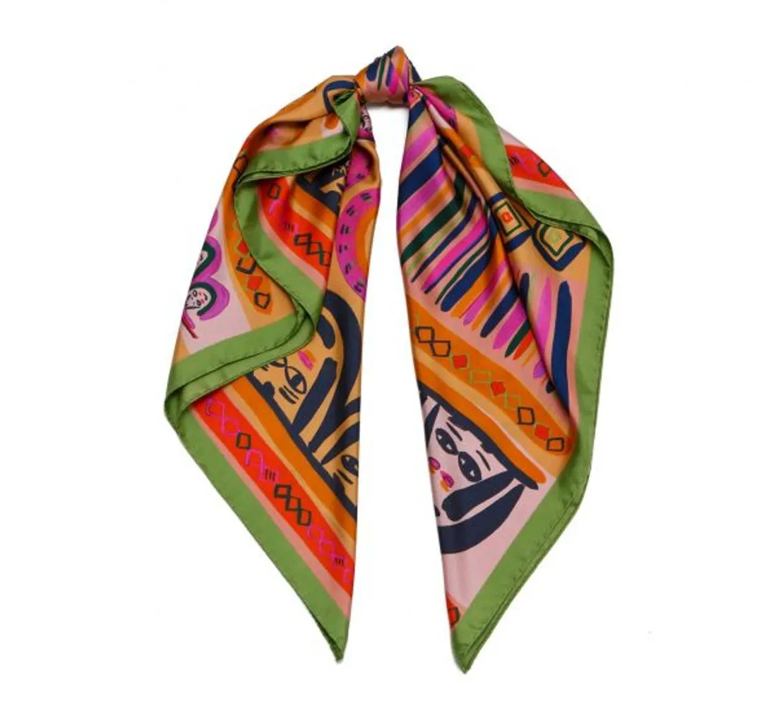 FACES SQUARE SILK SCARF IN LIGHT BLUE