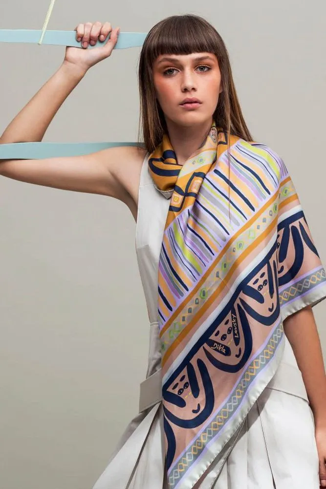 FACES SQUARE SILK SCARF IN LIGHT BLUE