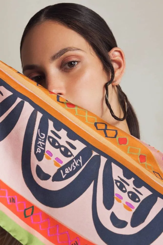 FACES SQUARE SILK SCARF IN LIGHT BLUE