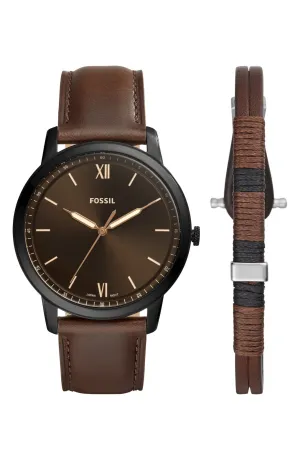 Fossil FS5557SET Minimalist Three-Hand Brown Leather Men Watches Lexor Miami