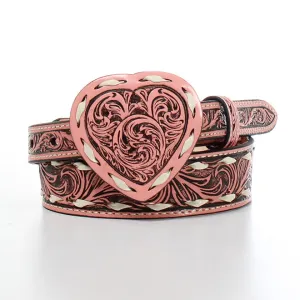 Girls Angel Ranch Pink Floral Tooled Belt with Floral Tooled Heart Buckle