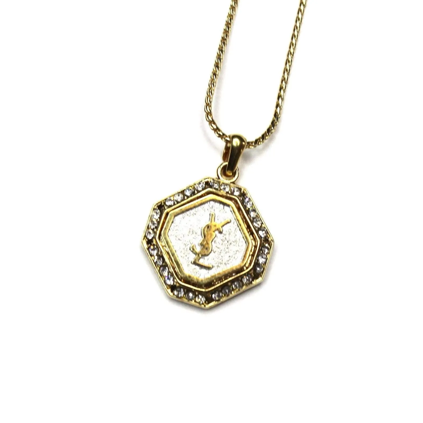 Gold YSL Octagon Logo Chain with Crystal Accents