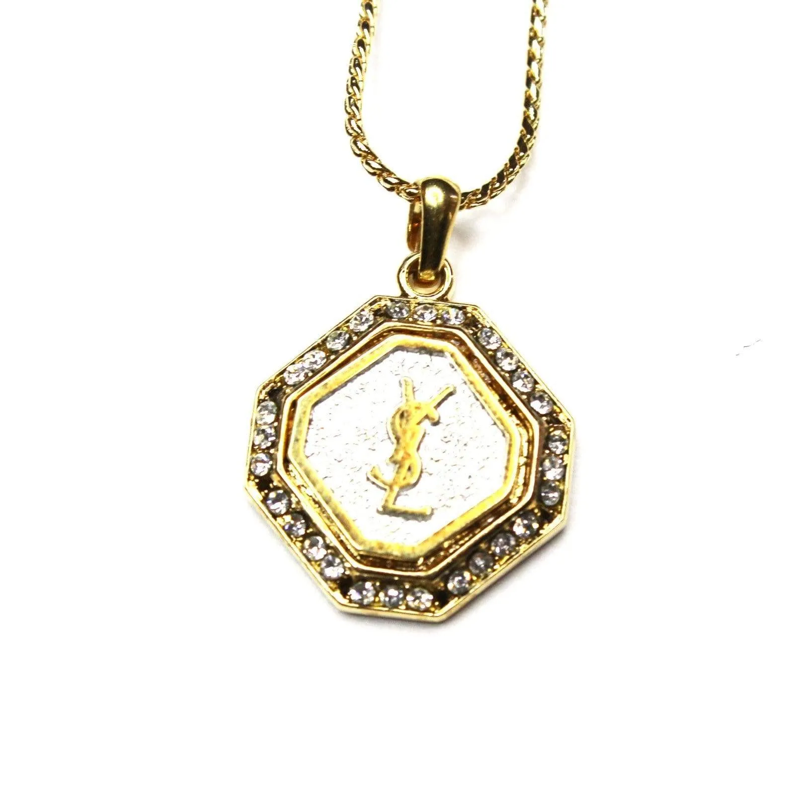 Gold YSL Octagon Logo Chain with Crystal Accents