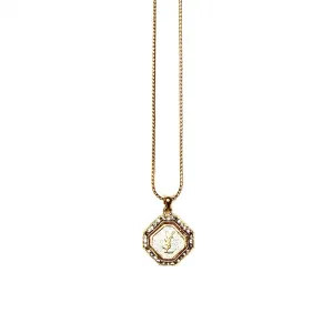 Gold YSL Octagon Logo Chain with Crystal Accents