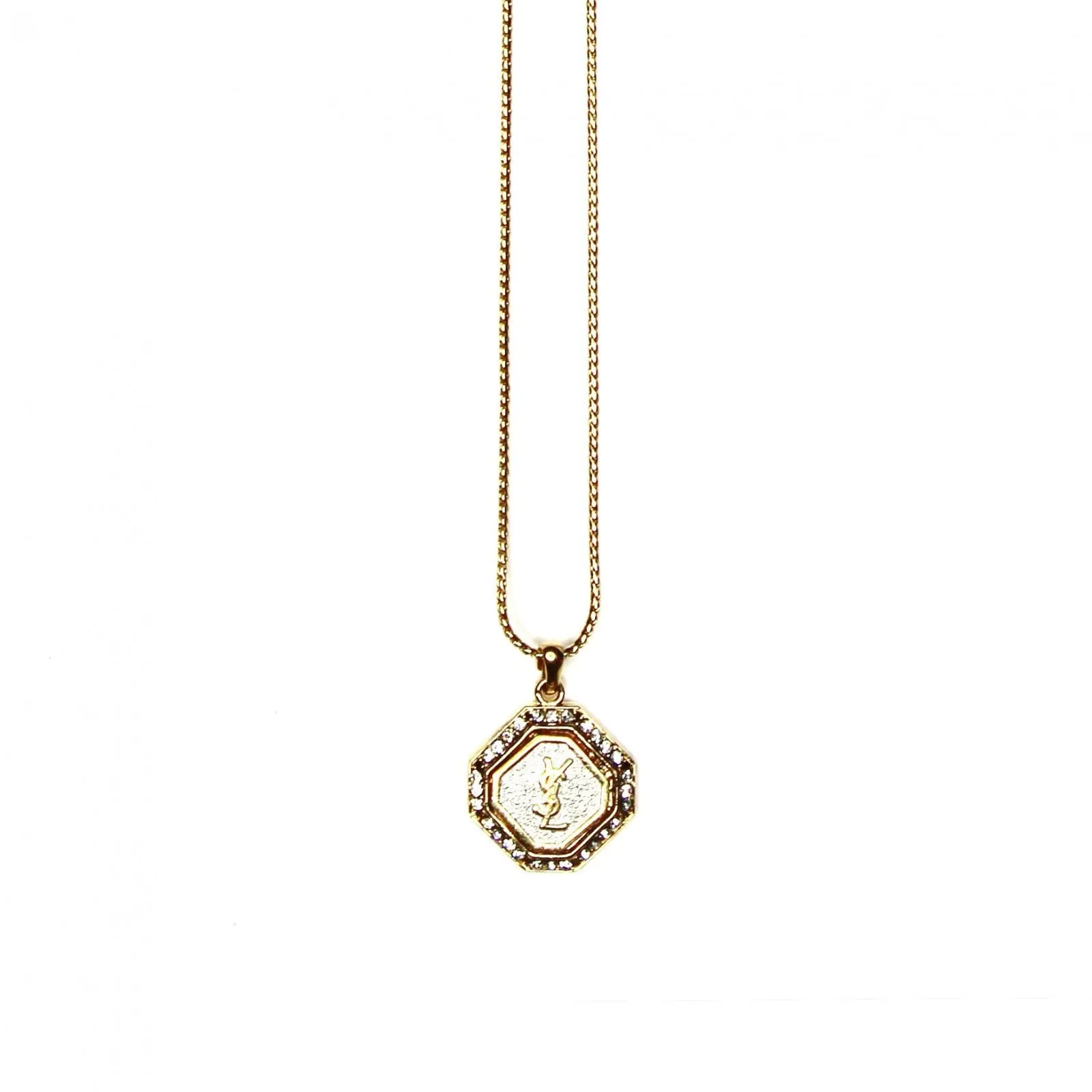 Gold YSL Octagon Logo Chain with Crystal Accents