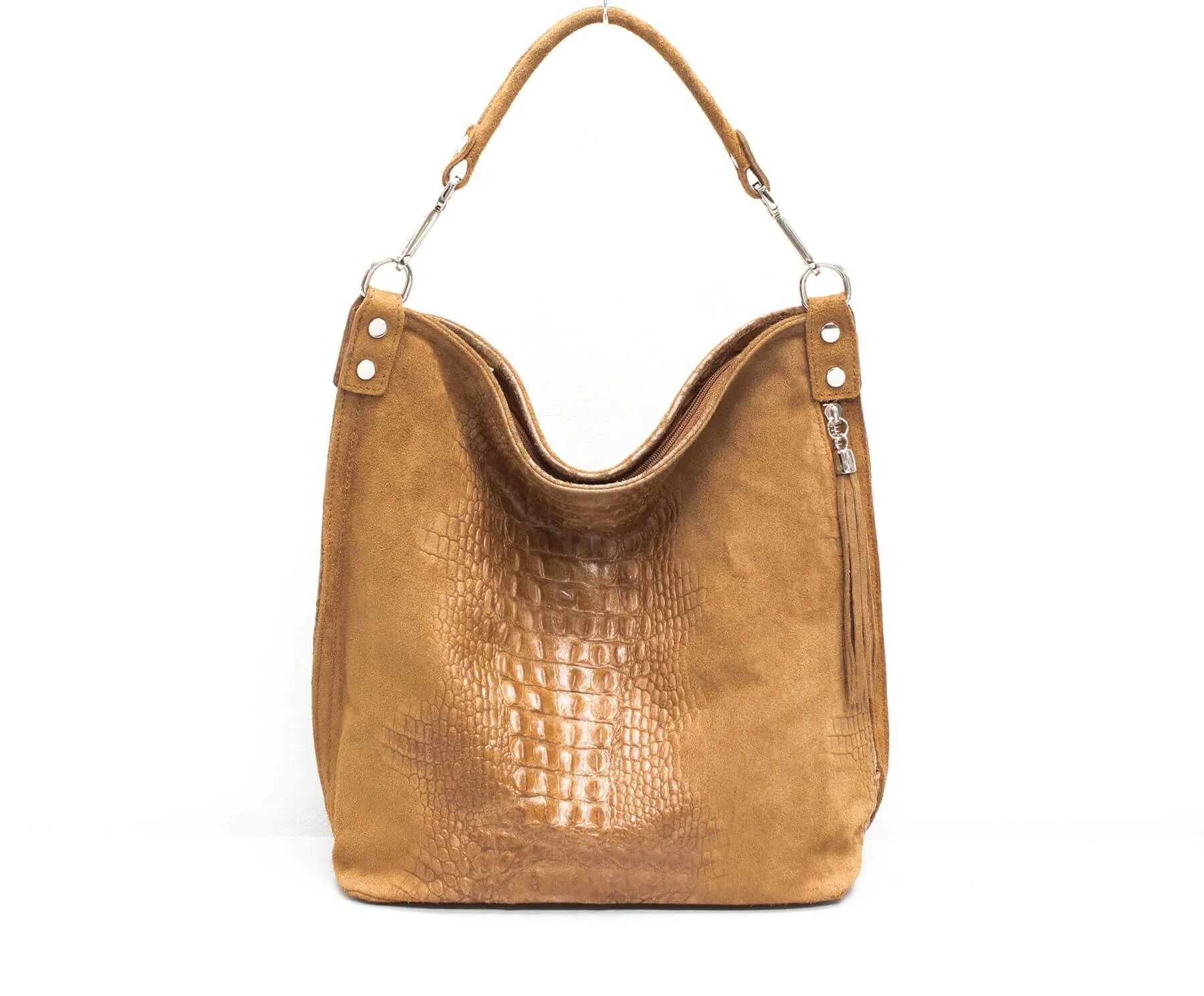 Italian Designer Leather Suede Leather Croc Print Right Pocket Hobo Bag - Swolit Zeta- Dark Tan