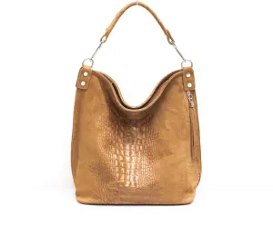 Italian Designer Leather Suede Leather Croc Print Right Pocket Hobo Bag - Swolit Zeta- Dark Tan