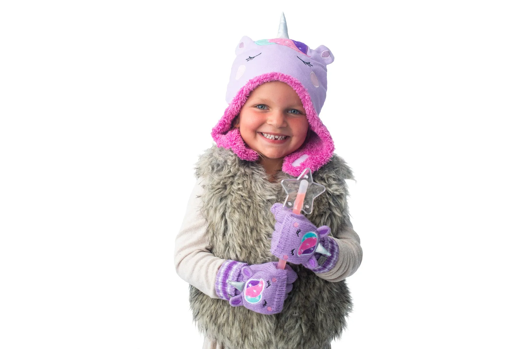 Kids Knitted Fingerless Gloves with Mitten Flaps - Unicorn