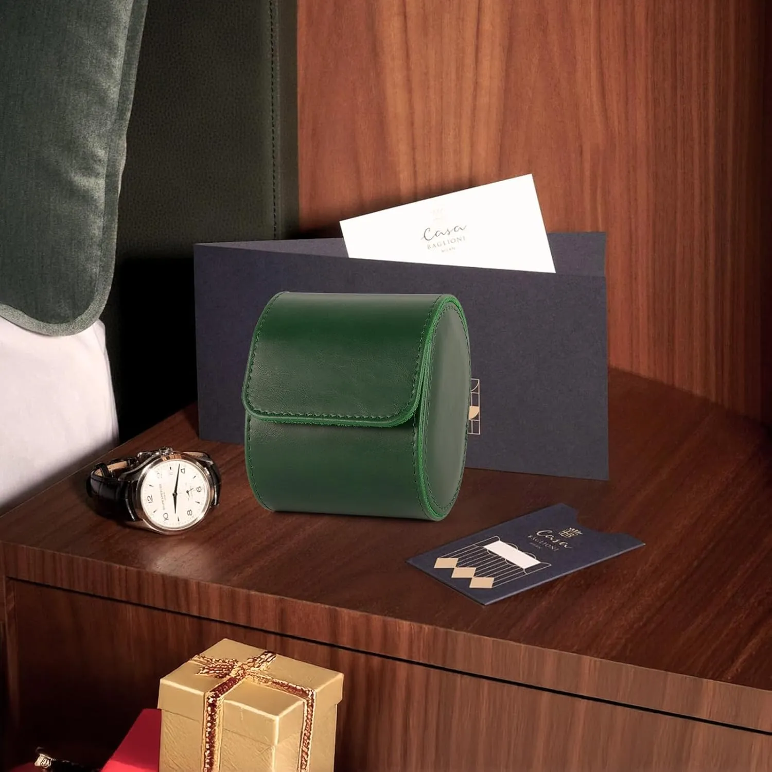 Leather Single Watch Box, Vintage Watch Roll Travel Case for Men and Women, Green