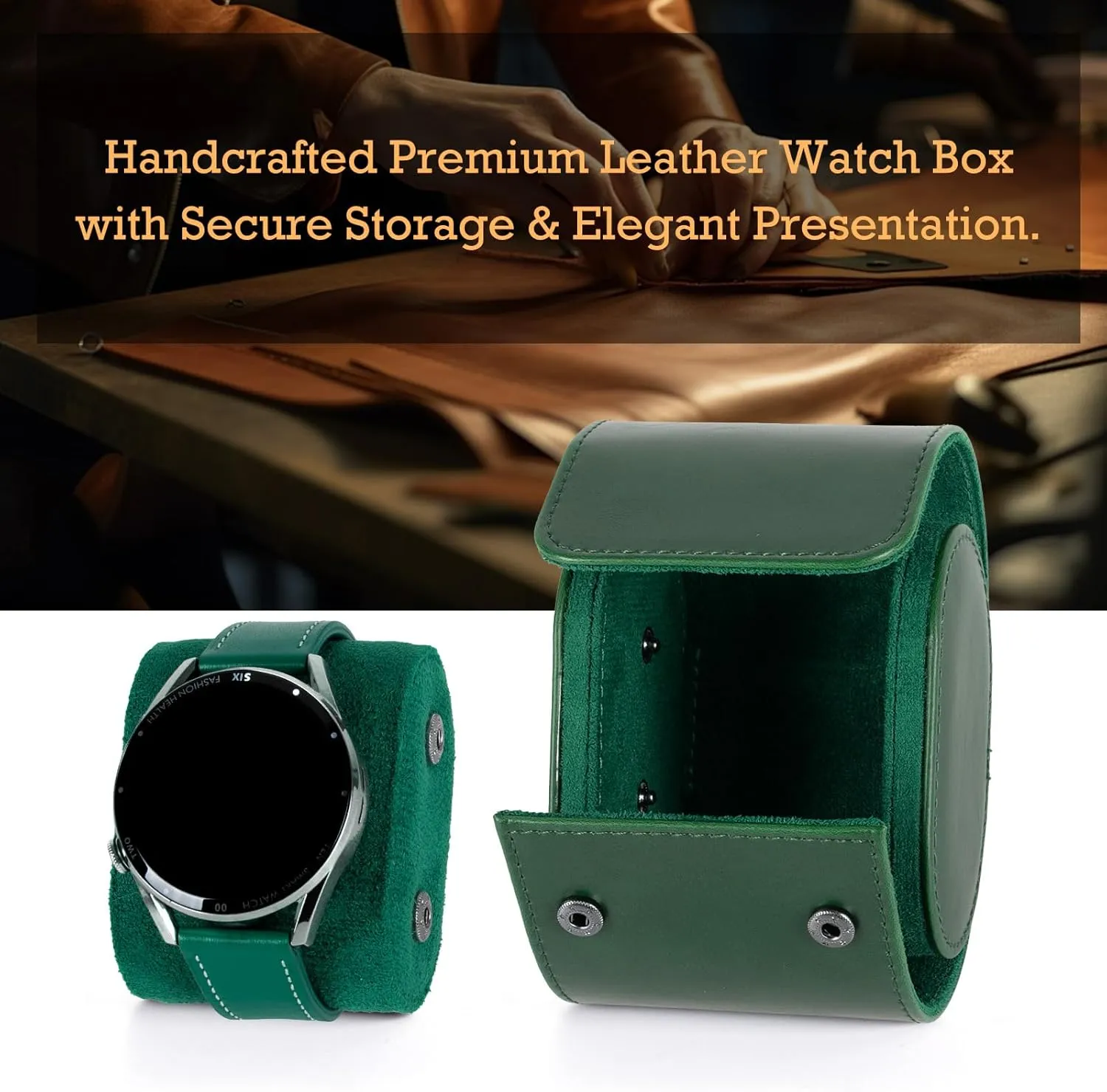 Leather Single Watch Box, Vintage Watch Roll Travel Case for Men and Women, Green