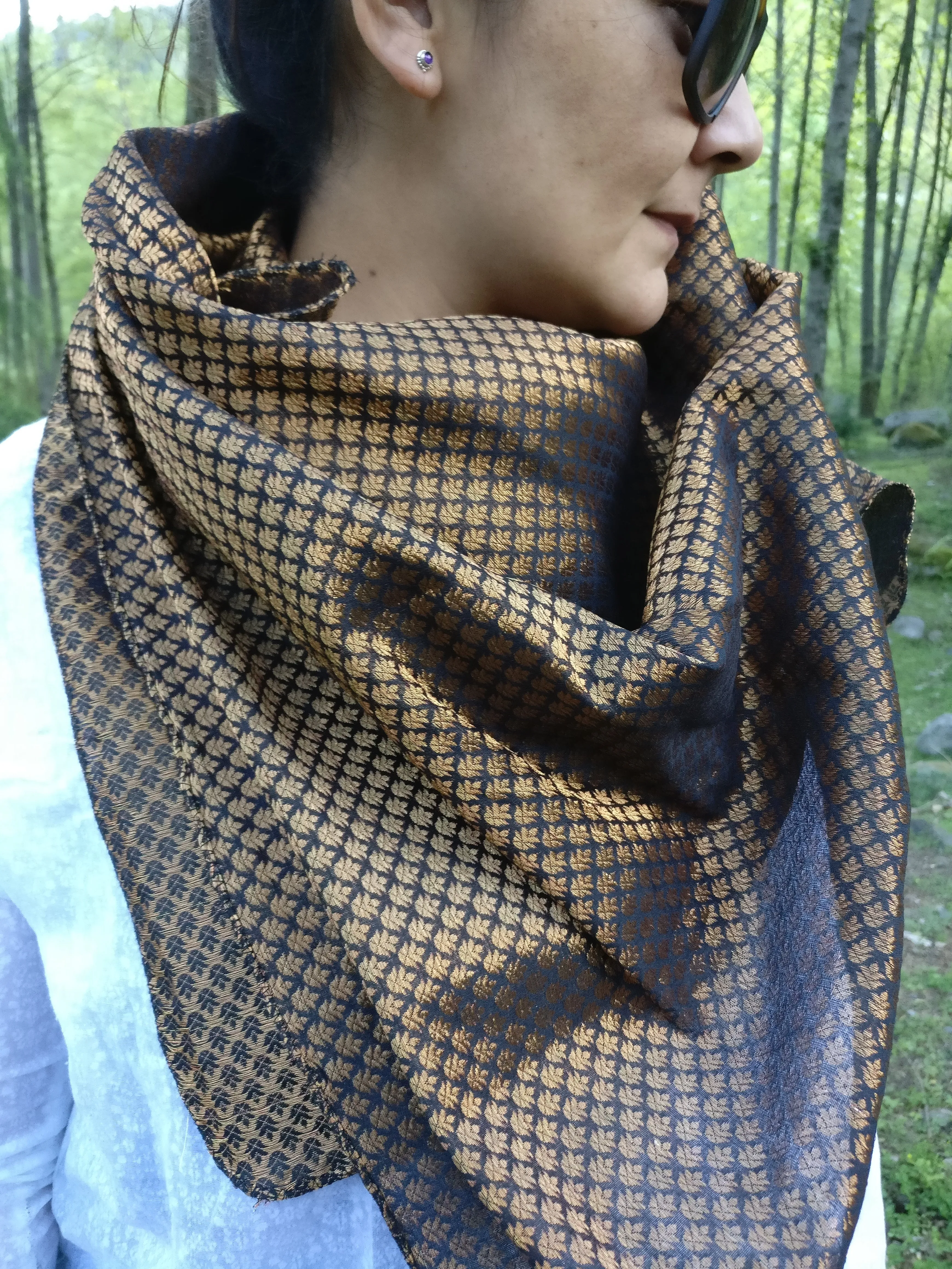 Luxury Brocade Black and Gold Silk Scarf