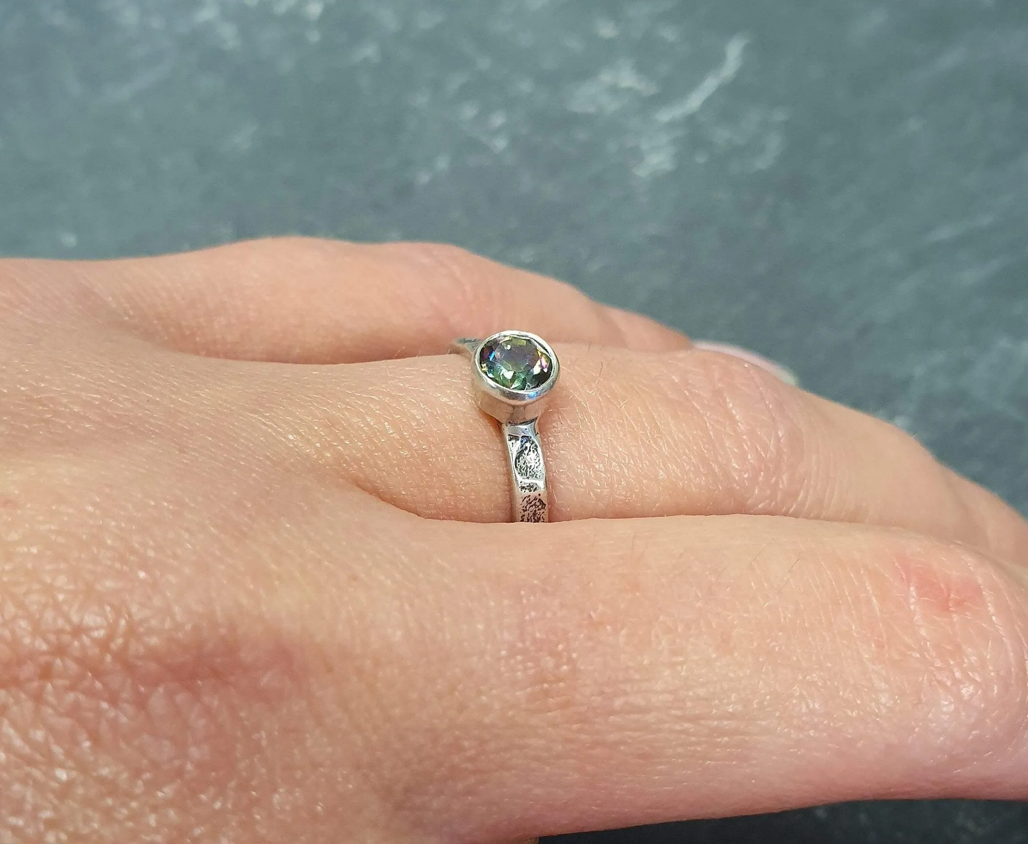 Mystic Topaz Ring - Purple Solitaire Ring - Hammered Silver Band