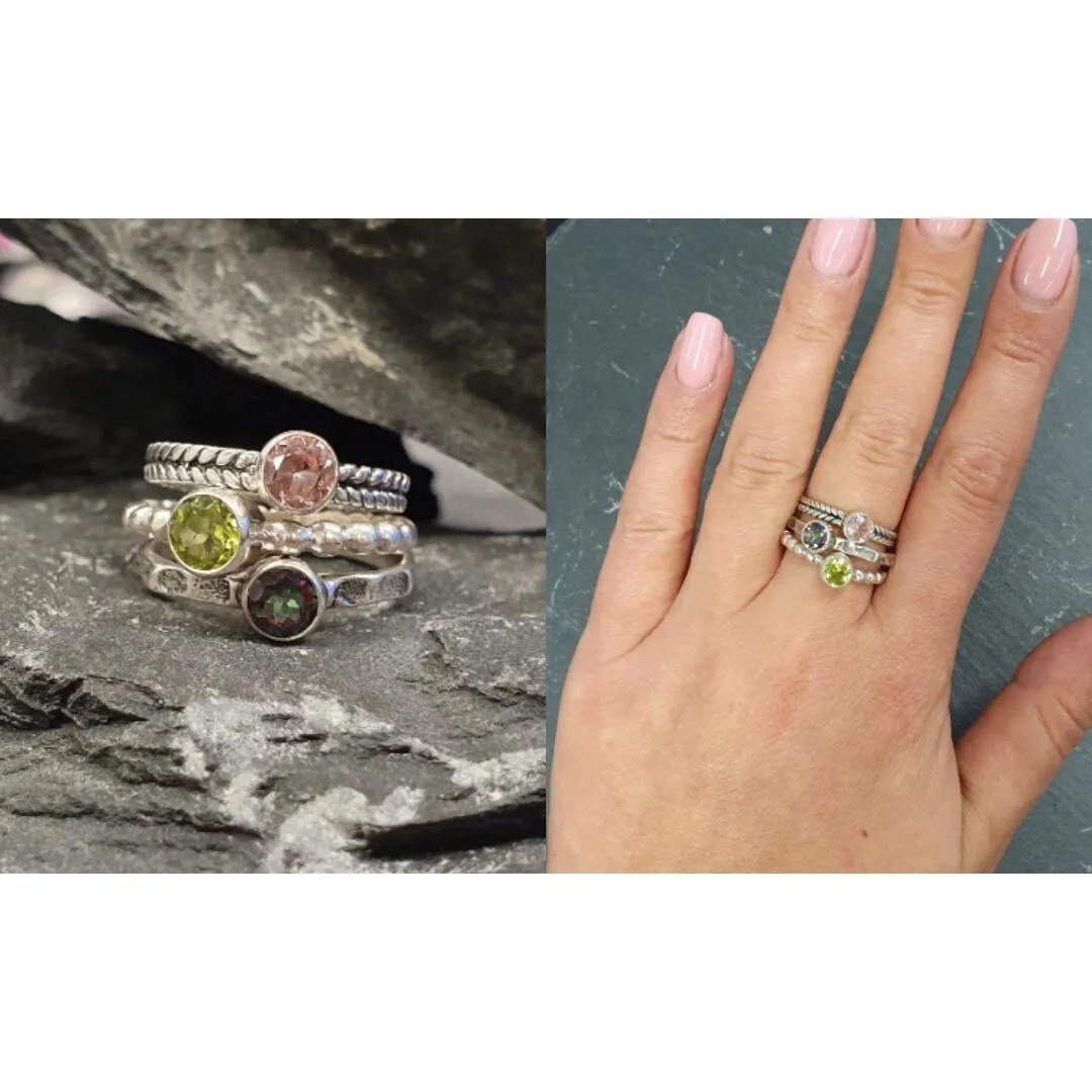 Mystic Topaz Ring - Purple Solitaire Ring - Hammered Silver Band