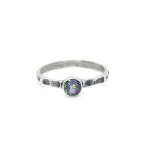 Mystic Topaz Ring - Purple Solitaire Ring - Hammered Silver Band
