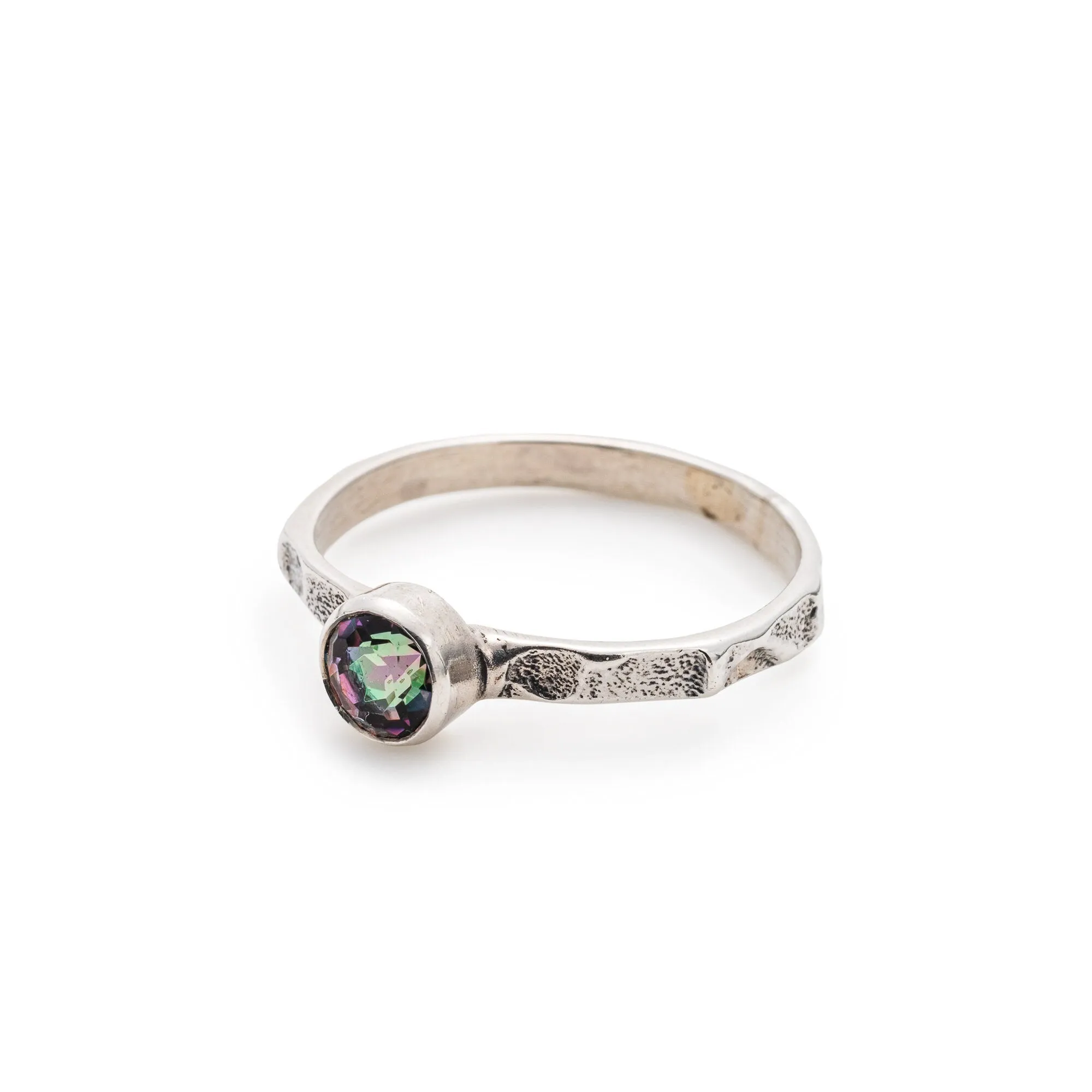 Mystic Topaz Ring - Purple Solitaire Ring - Hammered Silver Band