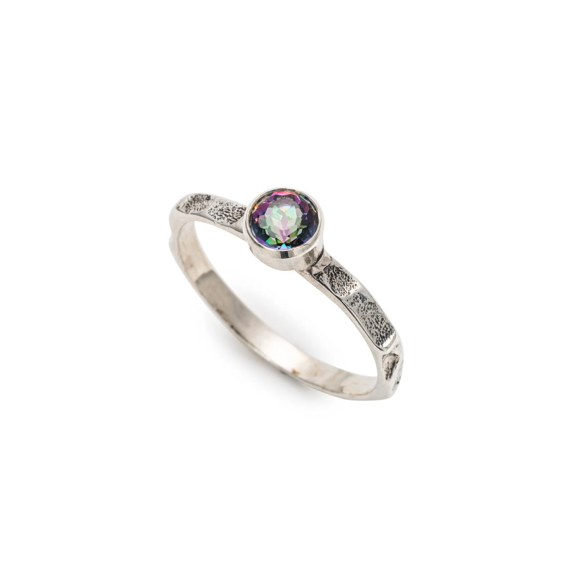 Mystic Topaz Ring - Purple Solitaire Ring - Hammered Silver Band