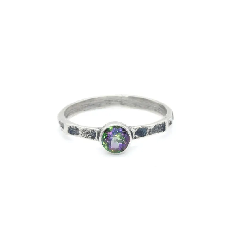 Mystic Topaz Ring - Purple Solitaire Ring - Hammered Silver Band