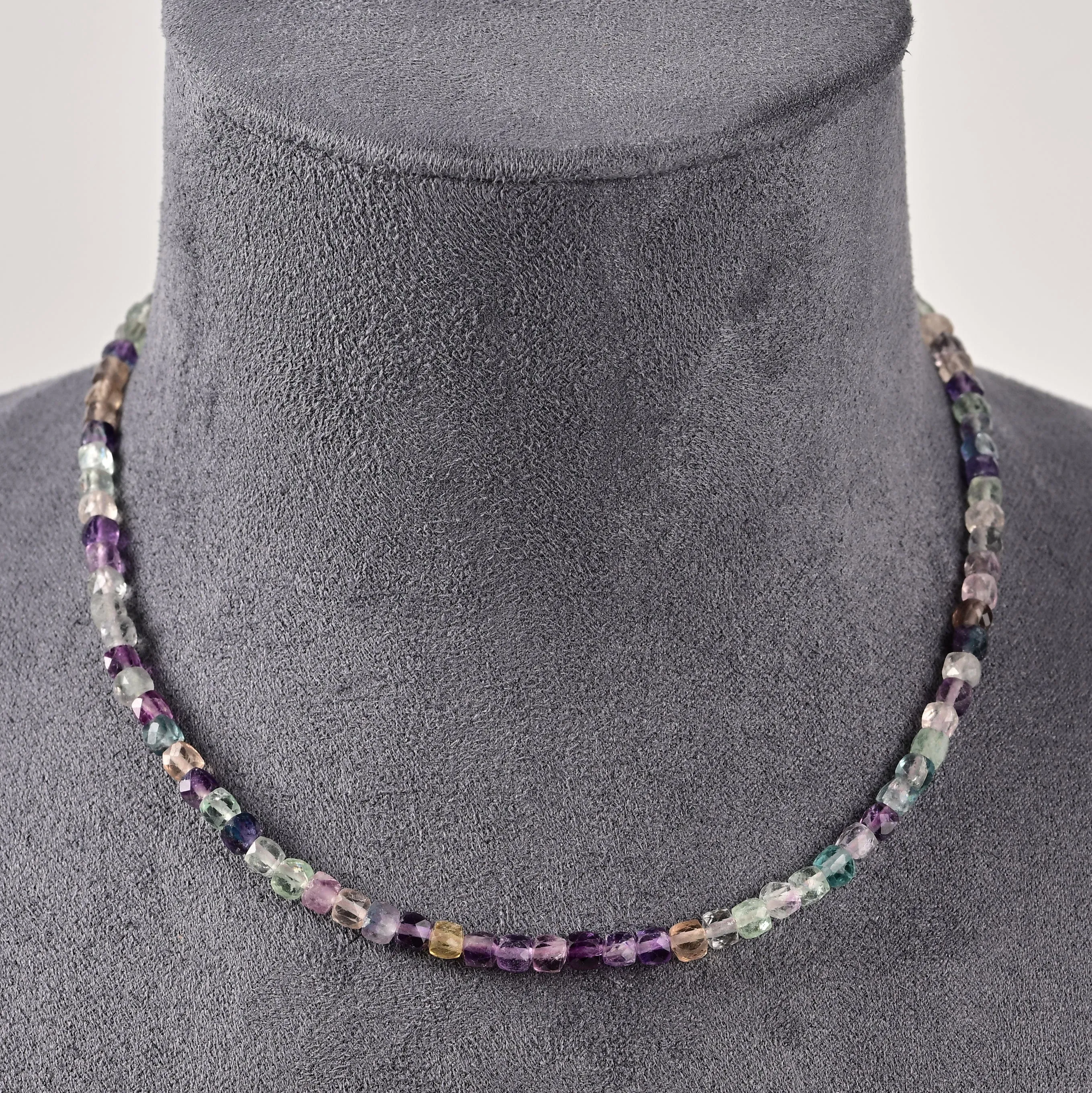 Natural Fluorite Faceted 4mm Barrel 16" Necklace with Sterling Silver Extender
