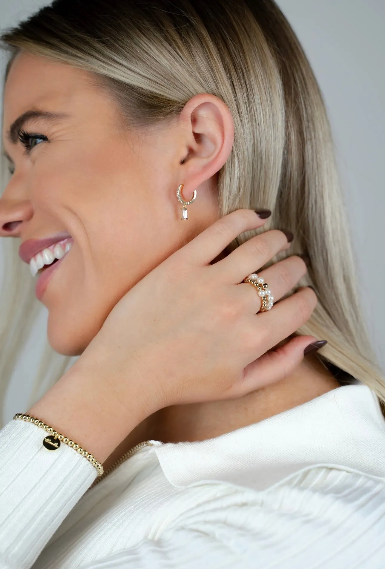 Pearl and Gold Bead Stretch Rings - Clear Ring with Heart