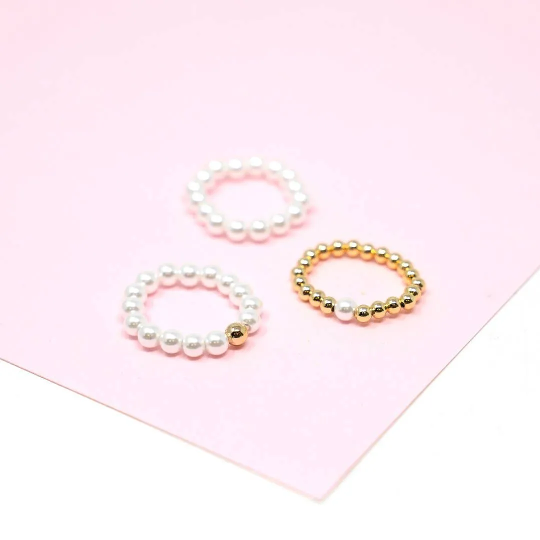 Pearl and Gold Bead Stretch Rings - Clear Ring with Heart