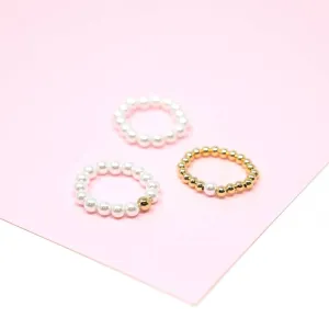 Pearl and Gold Bead Stretch Rings - Clear Ring with Heart