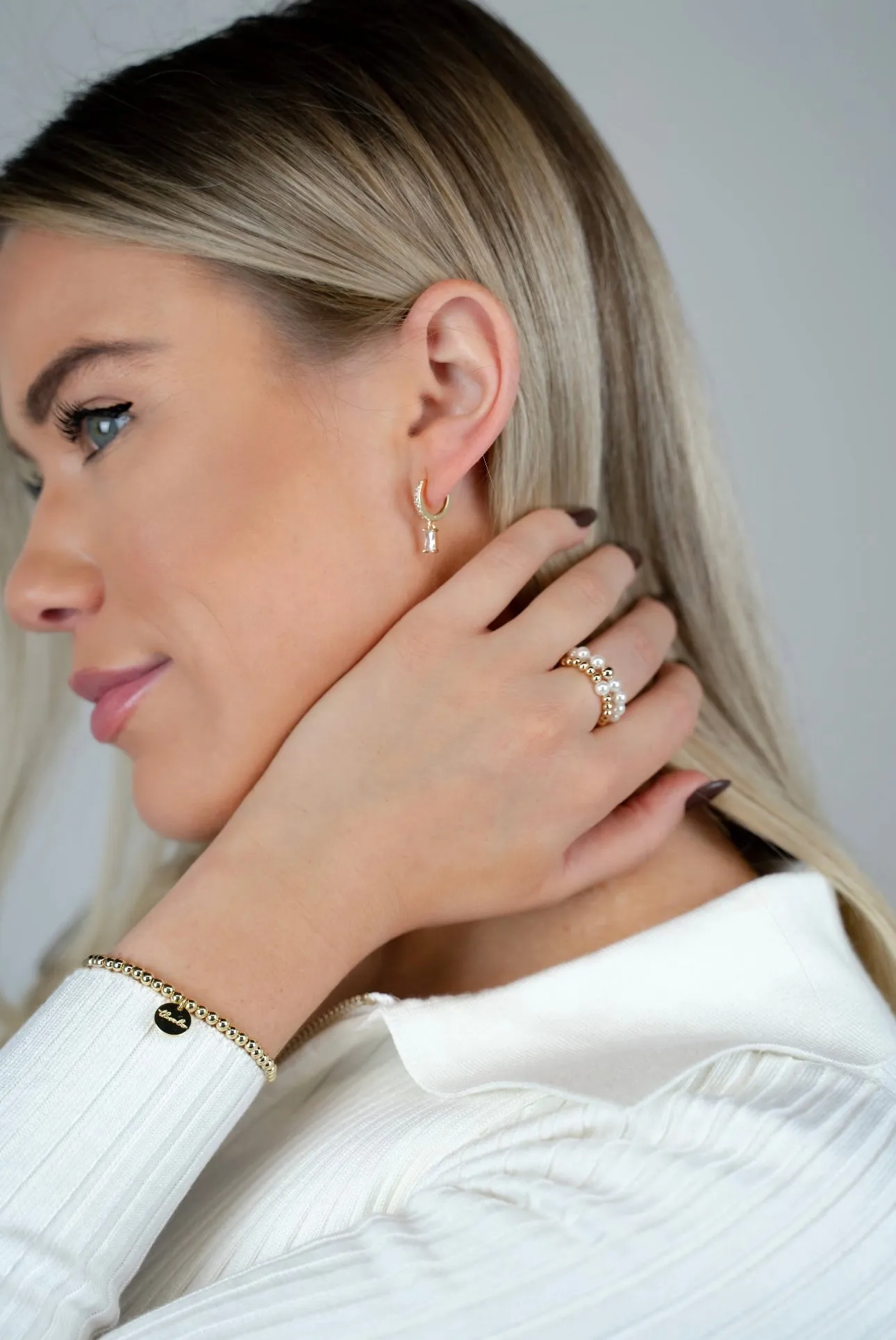 Pearl and Gold Bead Stretch Rings - Clear Ring with Heart