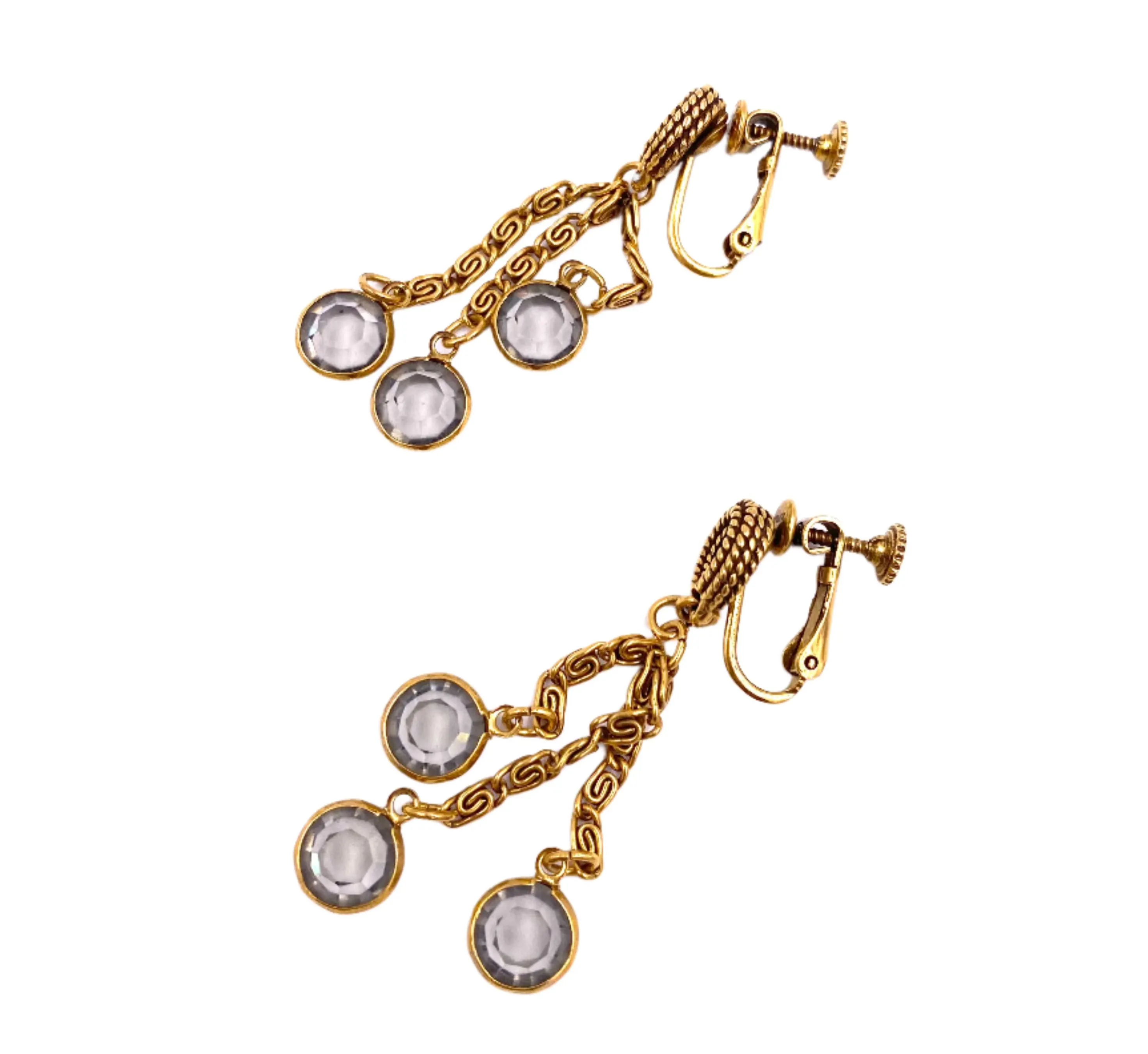 Vintage Goldette 3-chain Drop Adjustable Clip-On Earring with Smoky Crystals