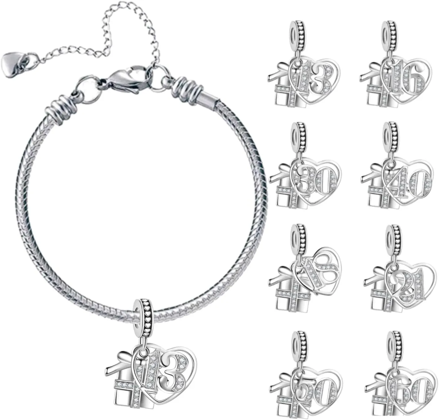 Women Gift Box for 13 16 18 21 30 40 50 60 Birthday Charms Compatible with Pandora Charms Bracelets for Daughter Granddaughter Mom Grandma Jewelry